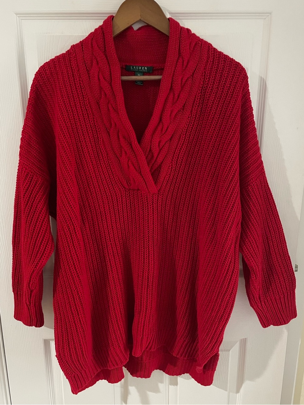 Lauren Ralph Lauren Red Heavy Cotton Knit Shawl Collar Cable Trim Sweater Plus1X